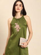 All About You Women Green Floral Print Embroidered Regular Kurta with Trousers | Grocsy