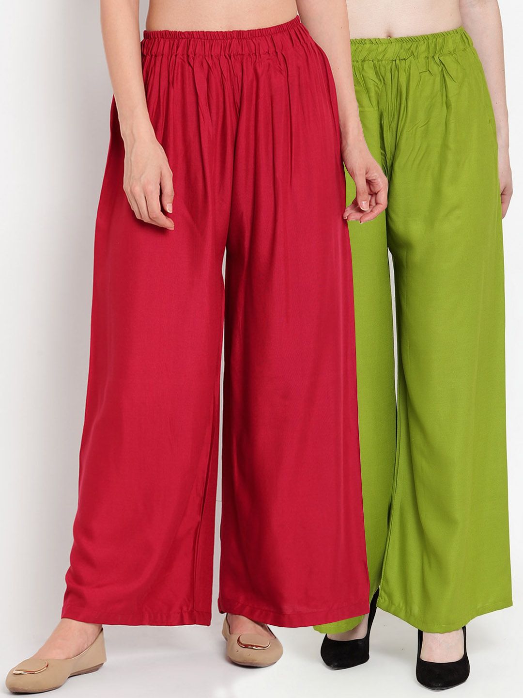 TAG 7 Women Pack Of 2 Green & Maroon Solid Flared Palazzos | Grocsy