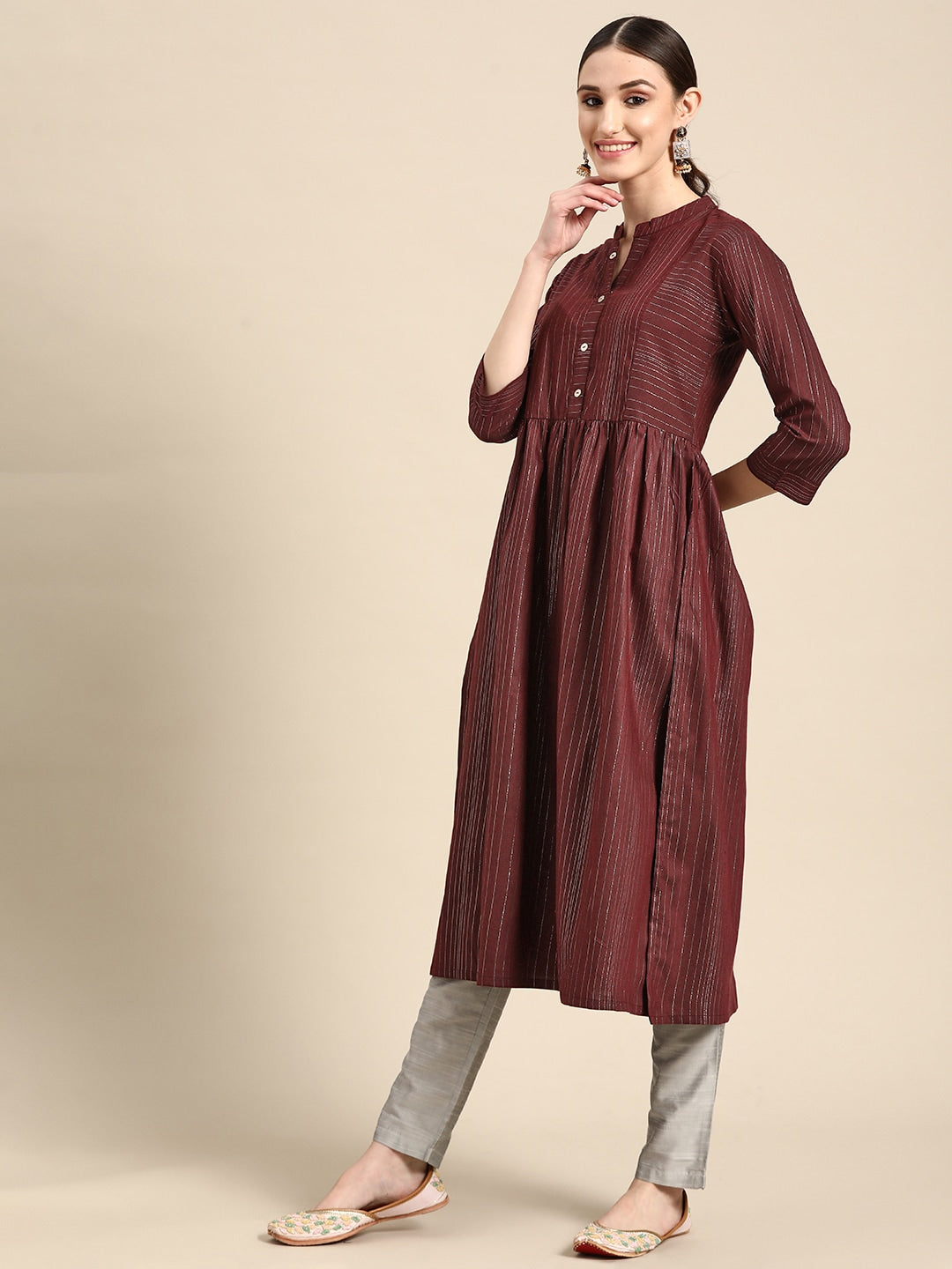 Sangria Women Maroon Striped A-Line Kurta | Grocsy