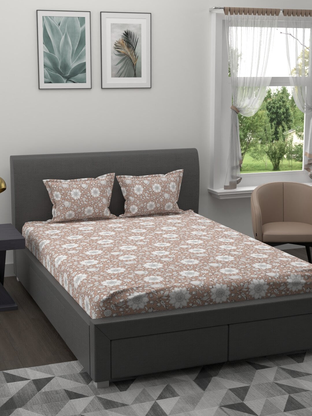 MYTRIDENT Brown White Ethnic Motifs 200 TC Cotton 1 King Bedsheet with 2 Pillow Covers | Grocsy