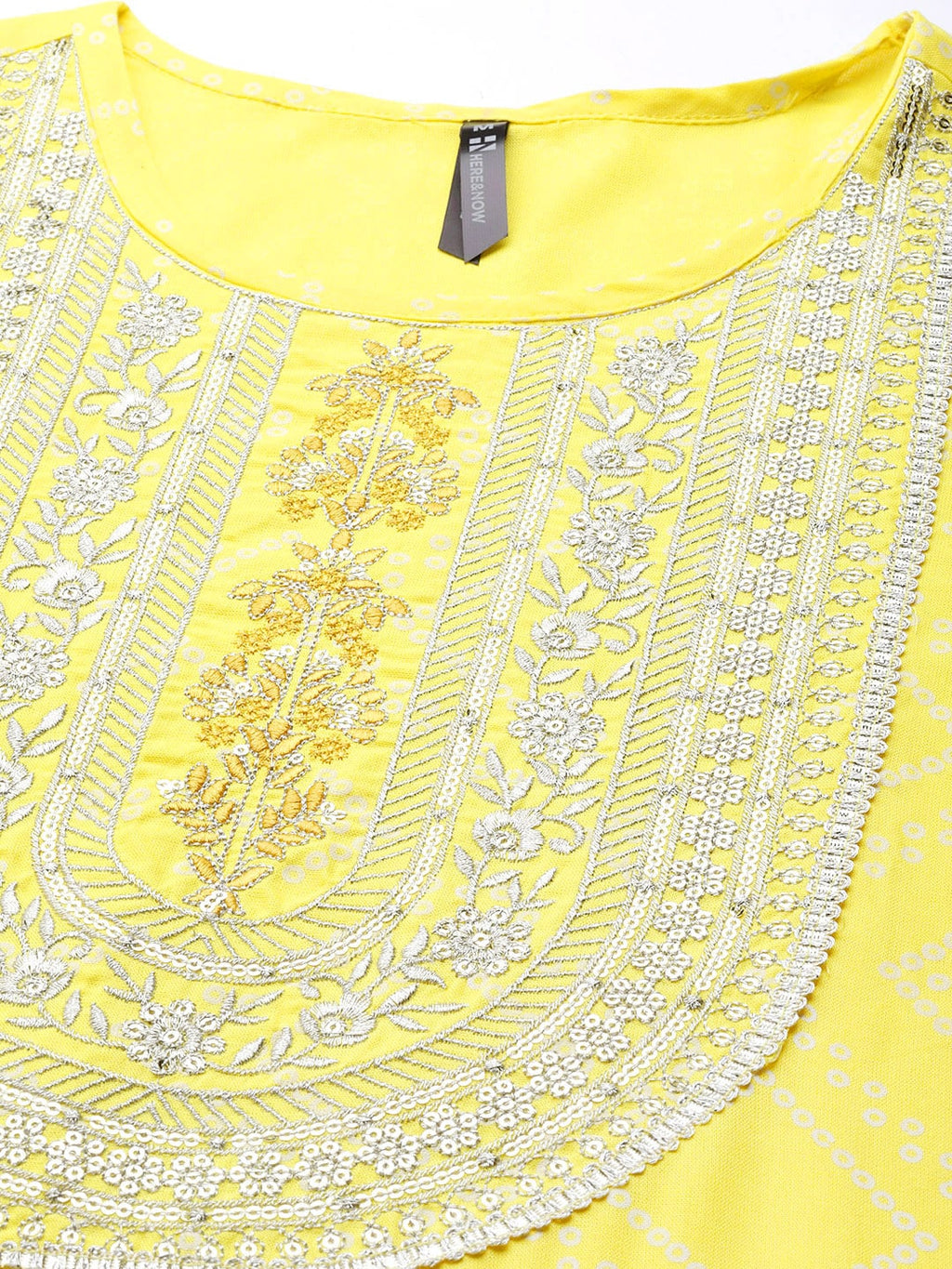 HERE&NOW Women Yellow & White Ethnic Motifs Printed Embroidered Work Kurta | Grocsy