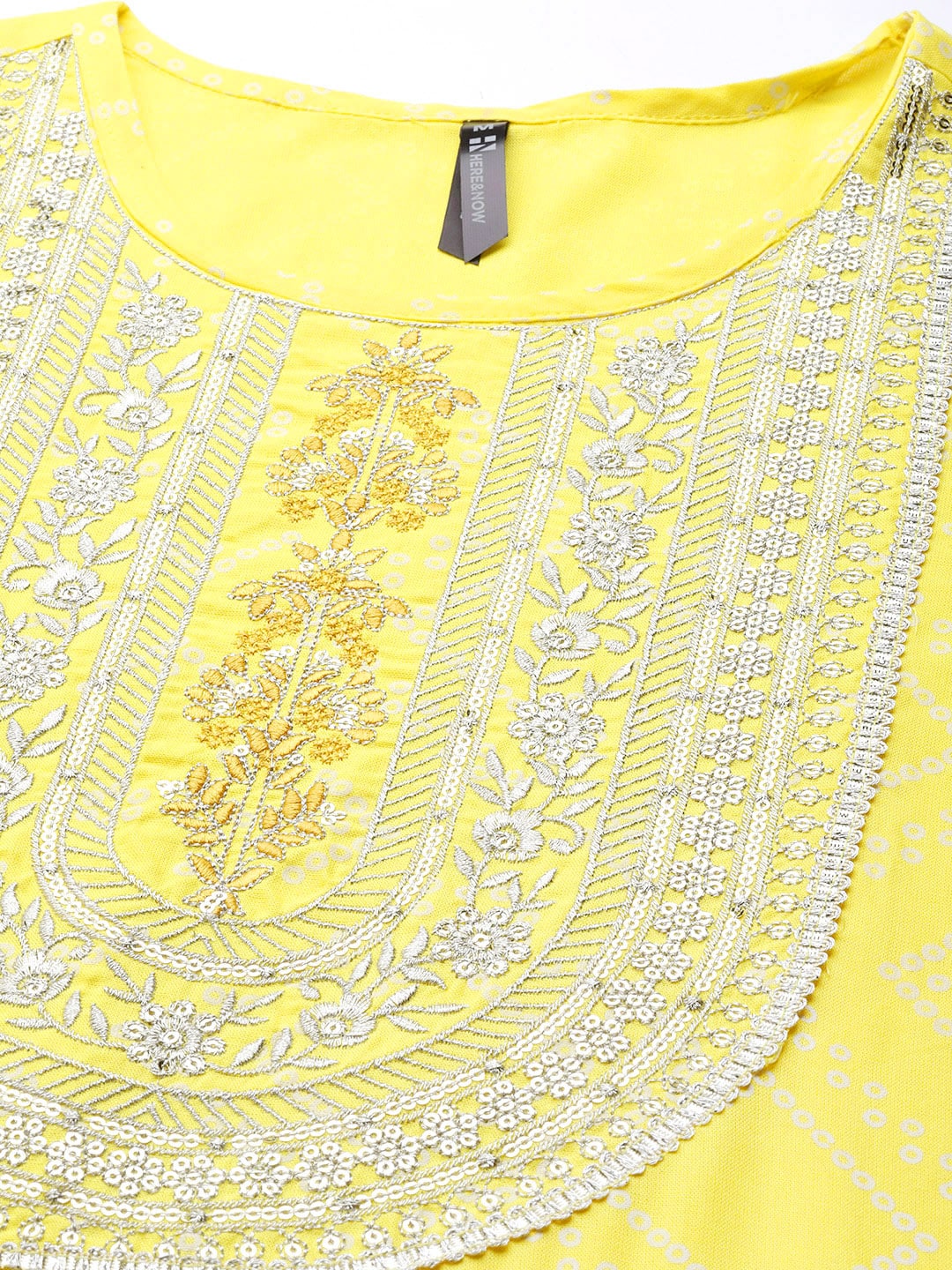 HERE&NOW Women Yellow & White Ethnic Motifs Printed Embroidered Work Kurta | Grocsy