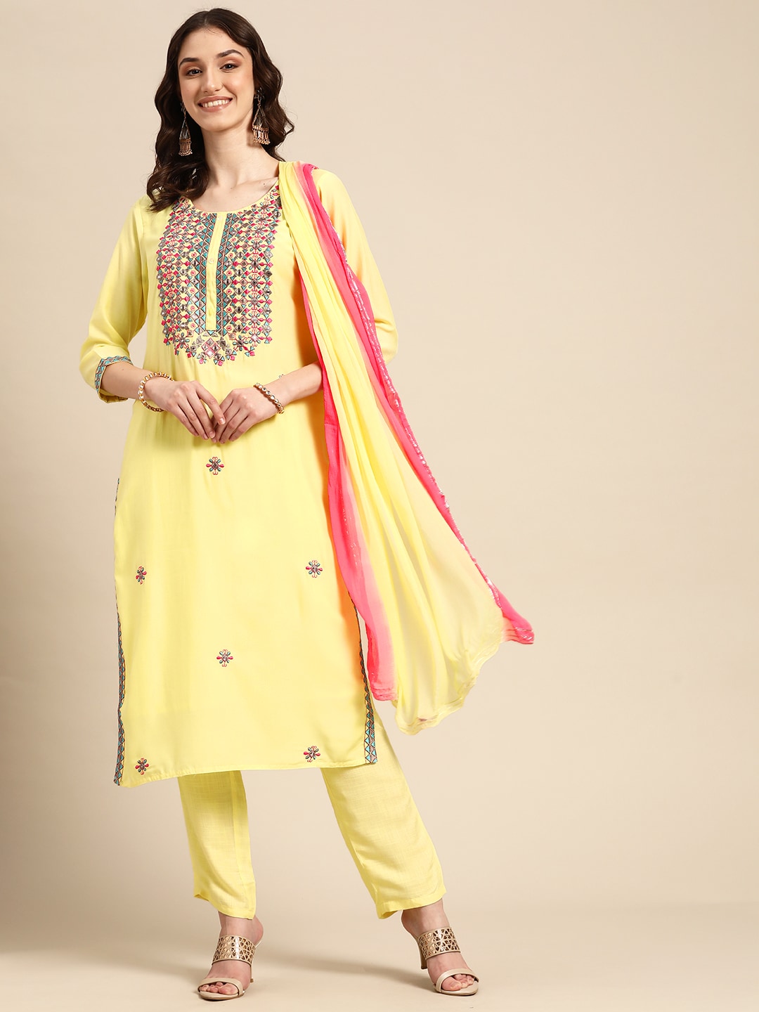 Sangria Women Ethnic Motifs Embroidered Kurta With Trousers & Dupatta | Grocsy