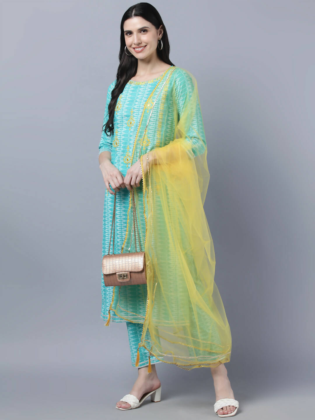 Myshka Women Turquoise Blue Layered Pure Cotton Kurti with Trousers With Dupatta Set | Grocsy