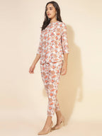 Janasya Women's White Cotton Floral Printed Casual A-Line Co-ords | Grocsy