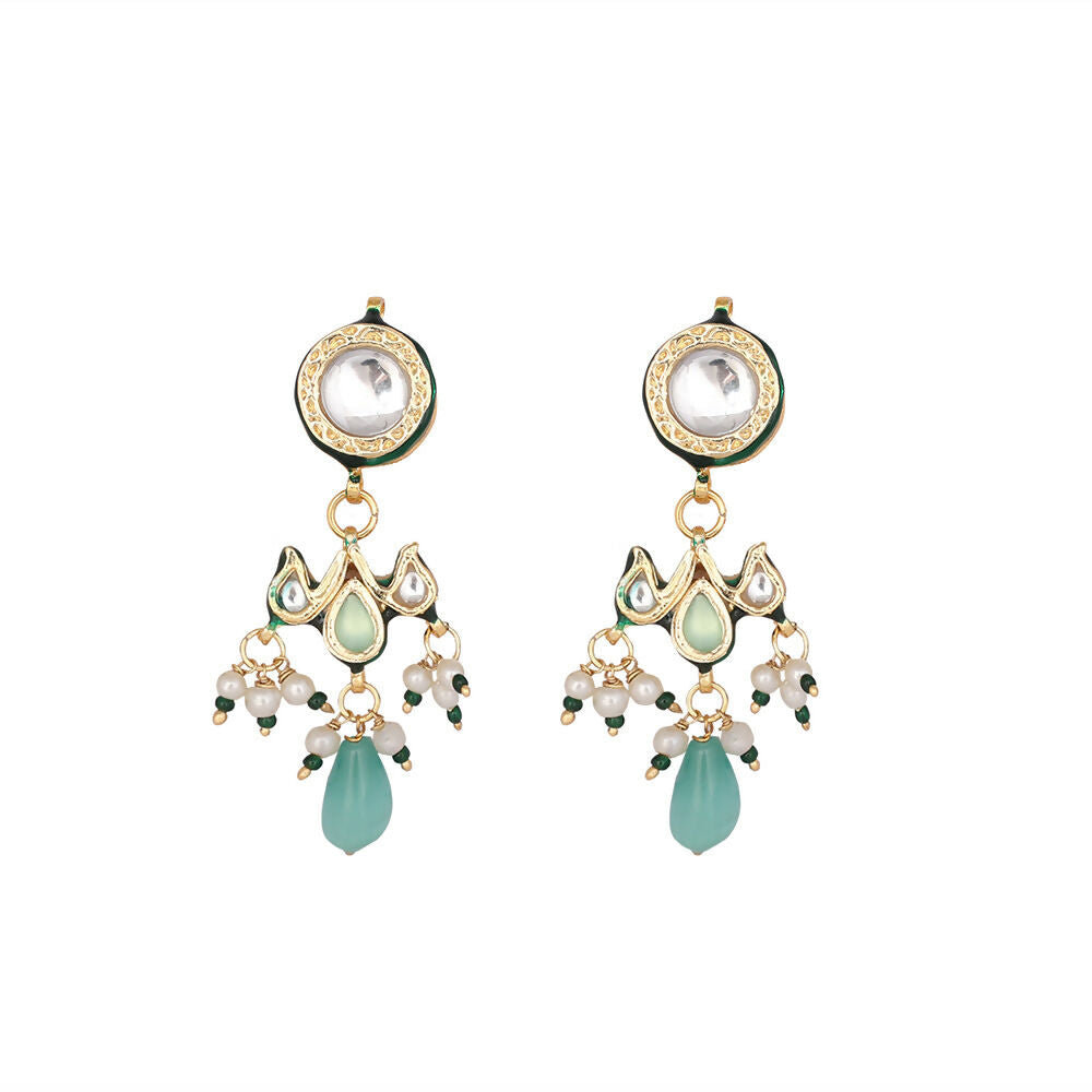 Nuyug 22K Gold Plated Pearl Empress Flora Green Stone Drops Necklace Set | Grocsy
