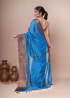 Joban Fashion Blue Cotton Blend Handloom Saree | Grocsy