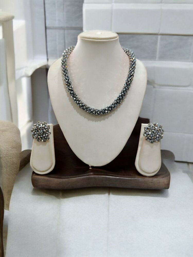 Inhanns Noor-E-Jalwa – Handmade Crystal Bead Necklace / Necklace With Earrings -Adjustable - Titanium | Grocsy
