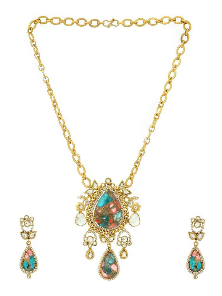 Natural Stones Antique Finish Earrings and Necklace set - Ruby Raang | Grocsy