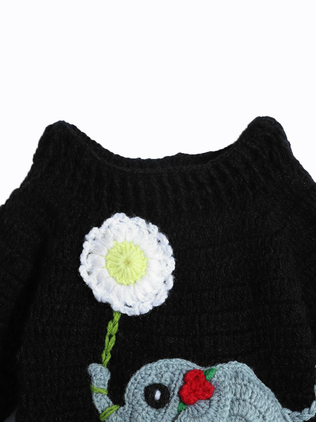 Chutput Kids Woollen Hand Knitted Full Sleeves Elephant Detail Sweater For Baby Boys - Black | Grocsy