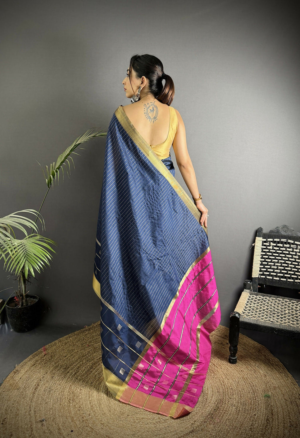 Joban Fashion Navy Blue Bhagalpuri Cotton Silk Stripes/Box Saree | Grocsy