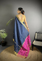 Joban Fashion Navy Blue Bhagalpuri Cotton Silk Stripes/Box Saree | Grocsy