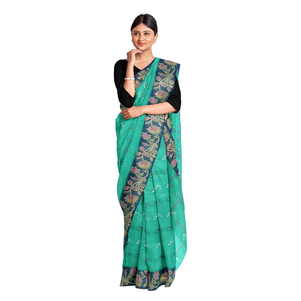 Exclusive Collection 100% Pure Cotton Green Tant Saree With Hand Weaving Work | Grocsy