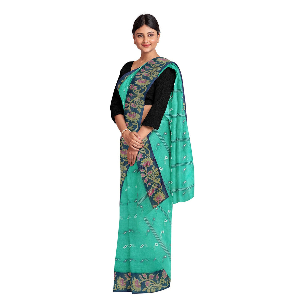 Exclusive Collection 100% Pure Cotton Green Tant Saree With Hand Weaving Work | Grocsy