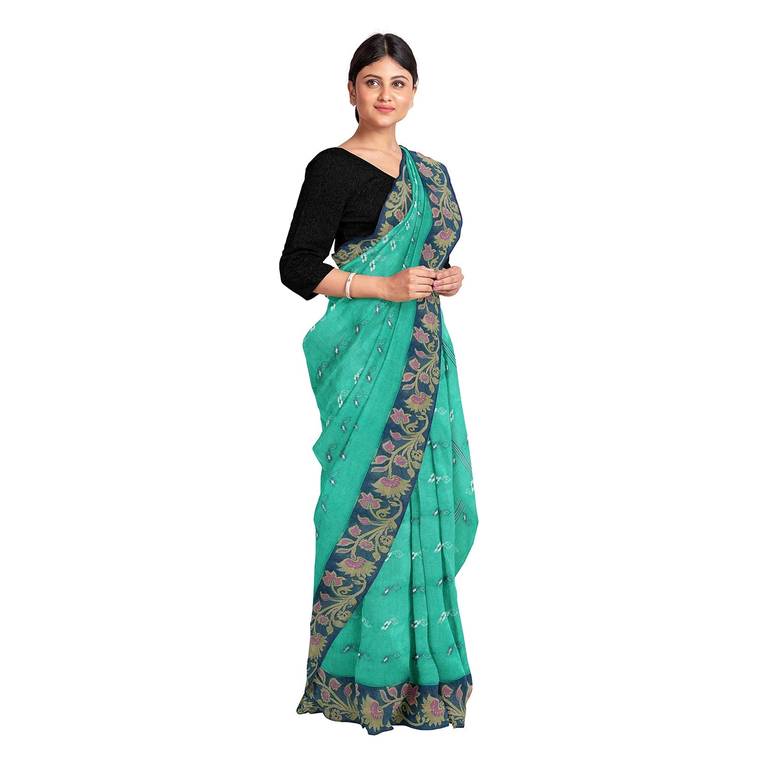 Exclusive Collection 100% Pure Cotton Green Tant Saree With Hand Weaving Work | Grocsy