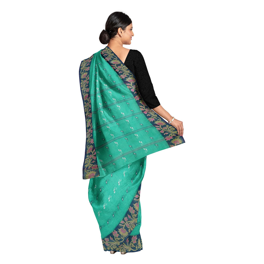 Exclusive Collection 100% Pure Cotton Green Tant Saree With Hand Weaving Work | Grocsy