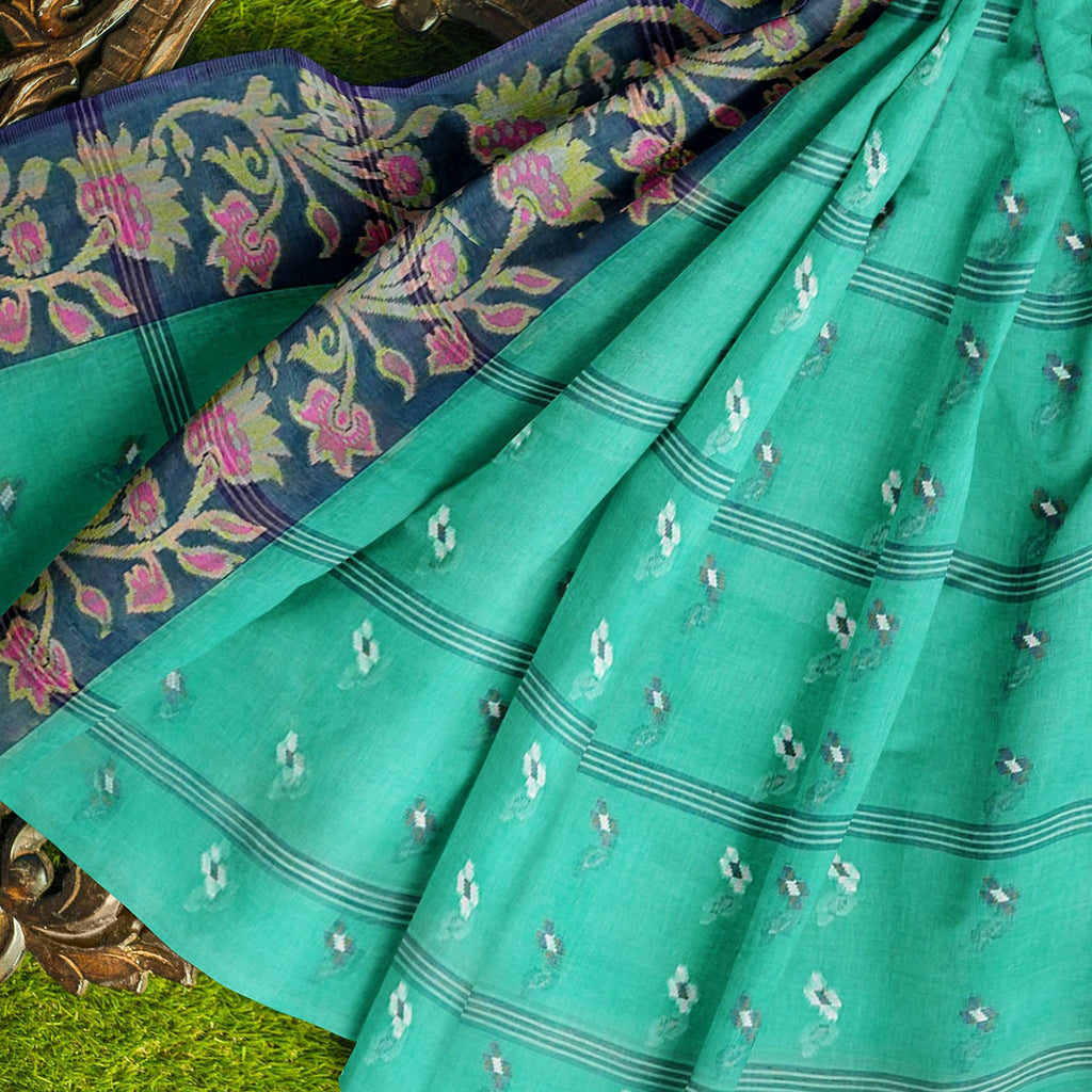 Exclusive Collection 100% Pure Cotton Green Tant Saree With Hand Weaving Work | Grocsy