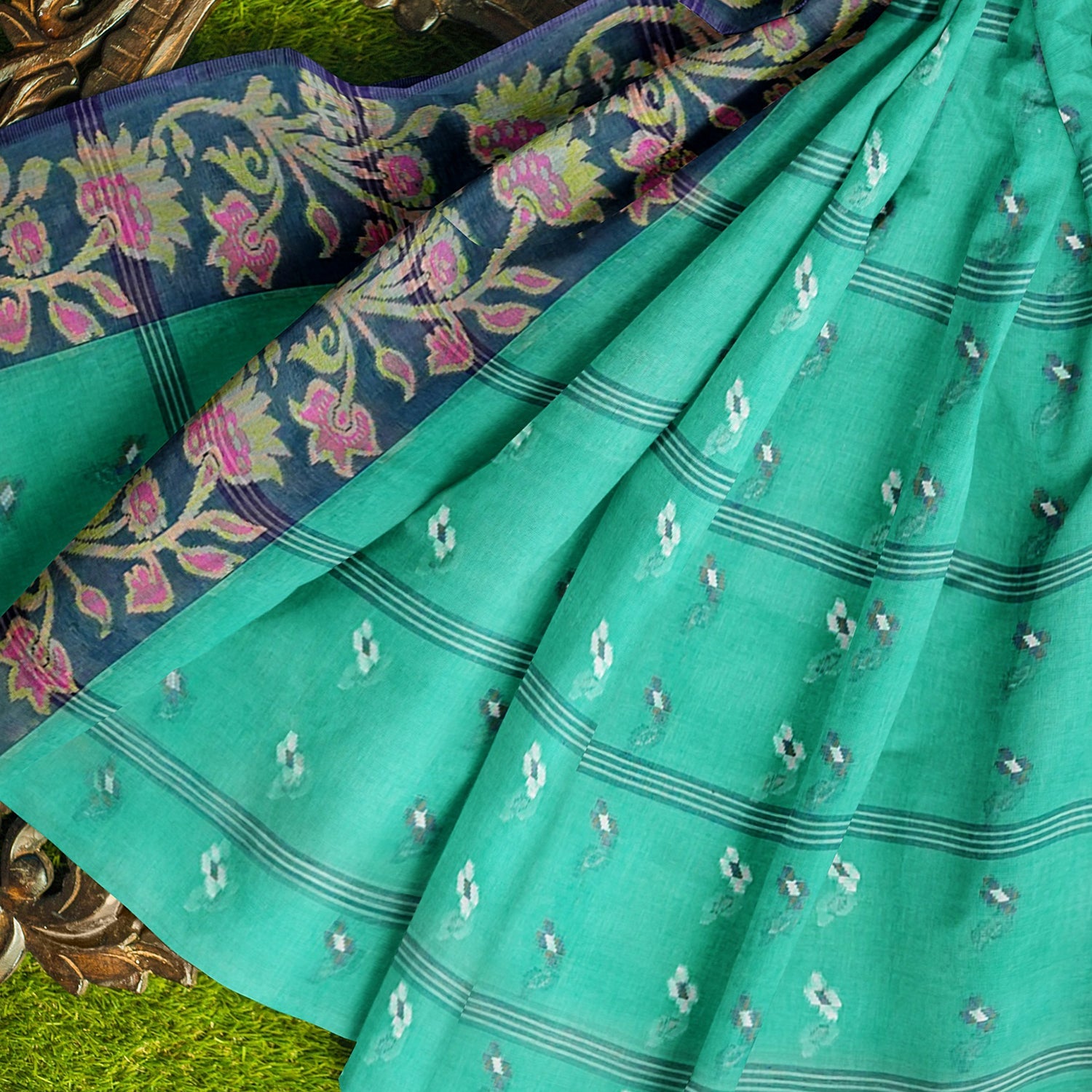 Exclusive Collection 100% Pure Cotton Green Tant Saree With Hand Weaving Work | Grocsy