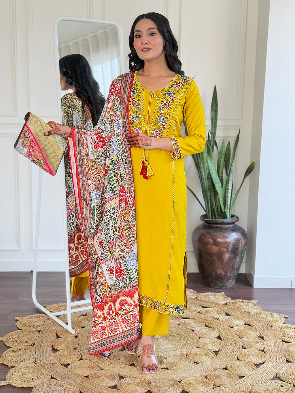 The52 Beautiful Women's Thread work Viscose Fabric Straight Kurta, Pant and Dupatta Set | Grocsy