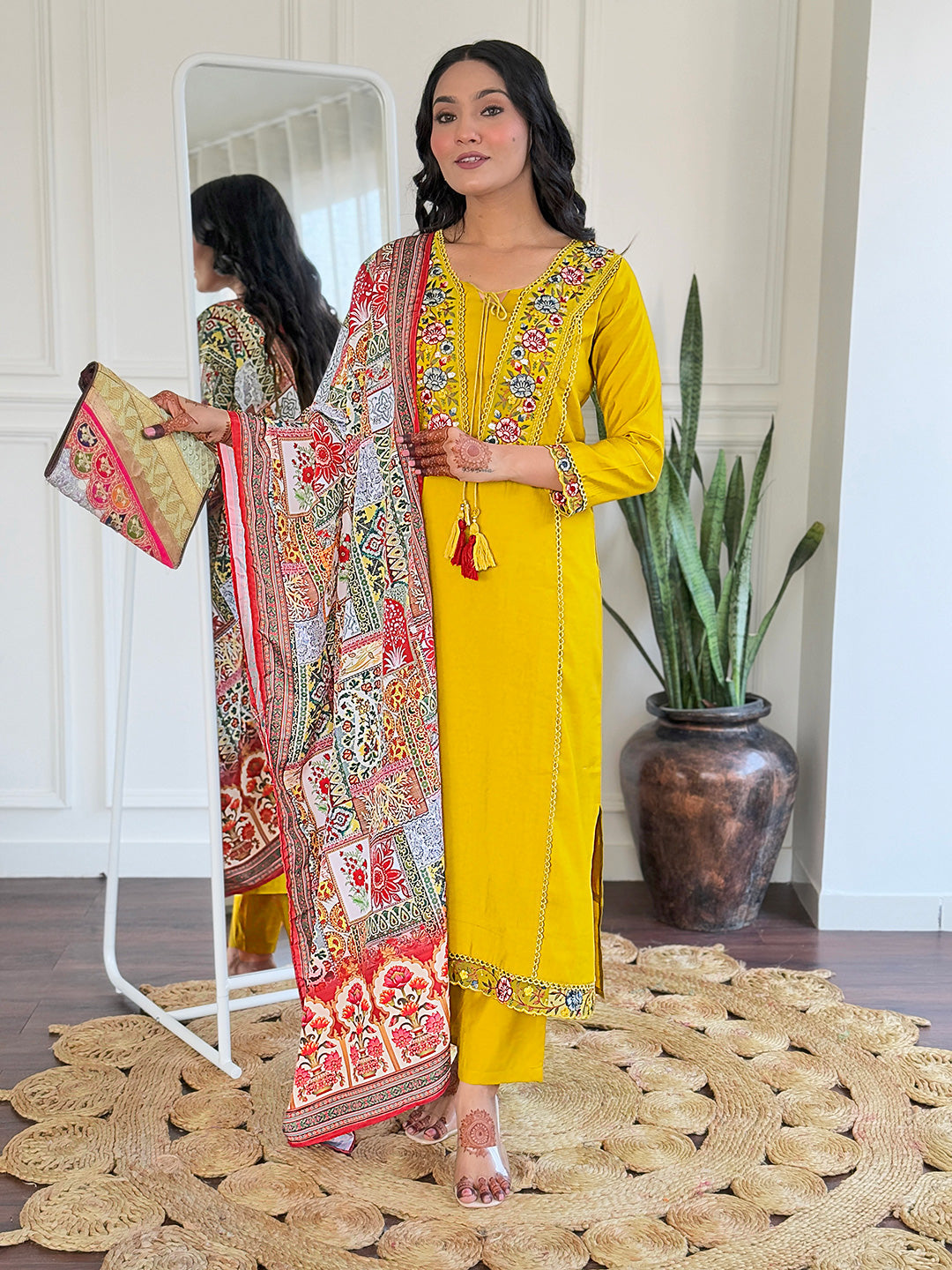 The52 Beautiful Women's Thread work Viscose Fabric Straight Kurta, Pant and Dupatta Set | Grocsy