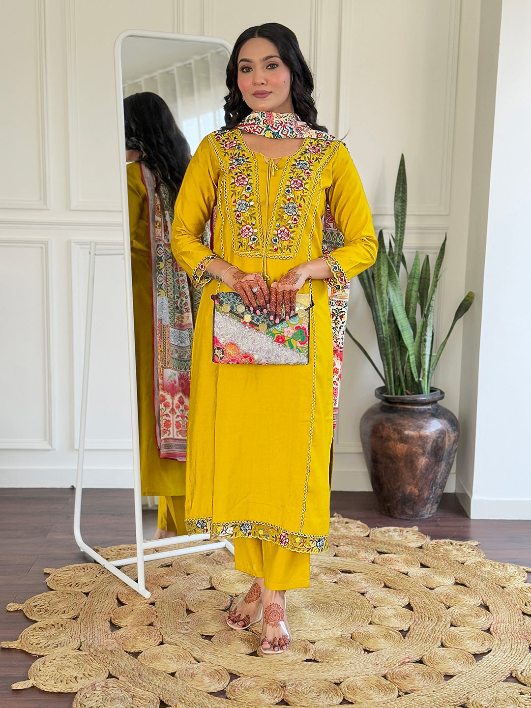 The52 Beautiful Women's Thread work Viscose Fabric Straight Kurta, Pant and Dupatta Set | Grocsy