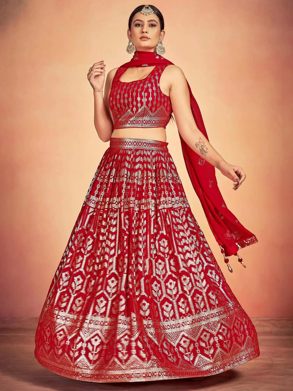 Tulsi Art Lovely Red Sequins Georgette Sangeet Wear Lehenga Choli With Dupatta | Grocsy