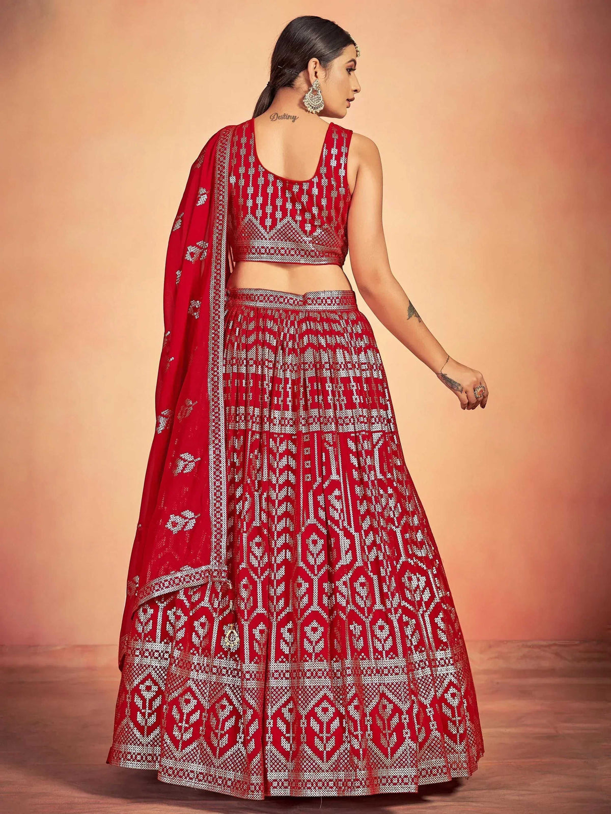 Tulsi Art Lovely Red Sequins Georgette Sangeet Wear Lehenga Choli With Dupatta | Grocsy