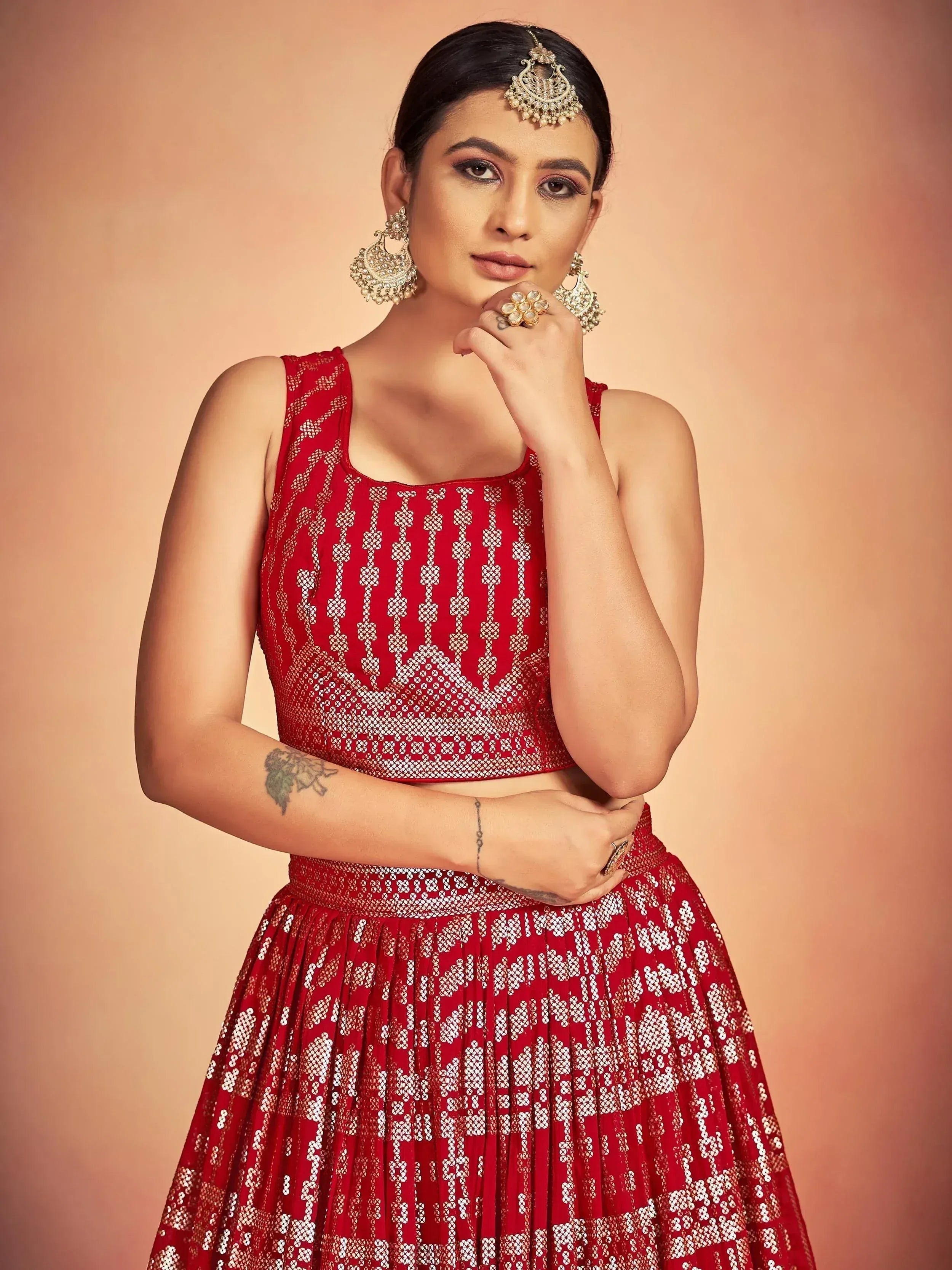 Tulsi Art Lovely Red Sequins Georgette Sangeet Wear Lehenga Choli With Dupatta | Grocsy