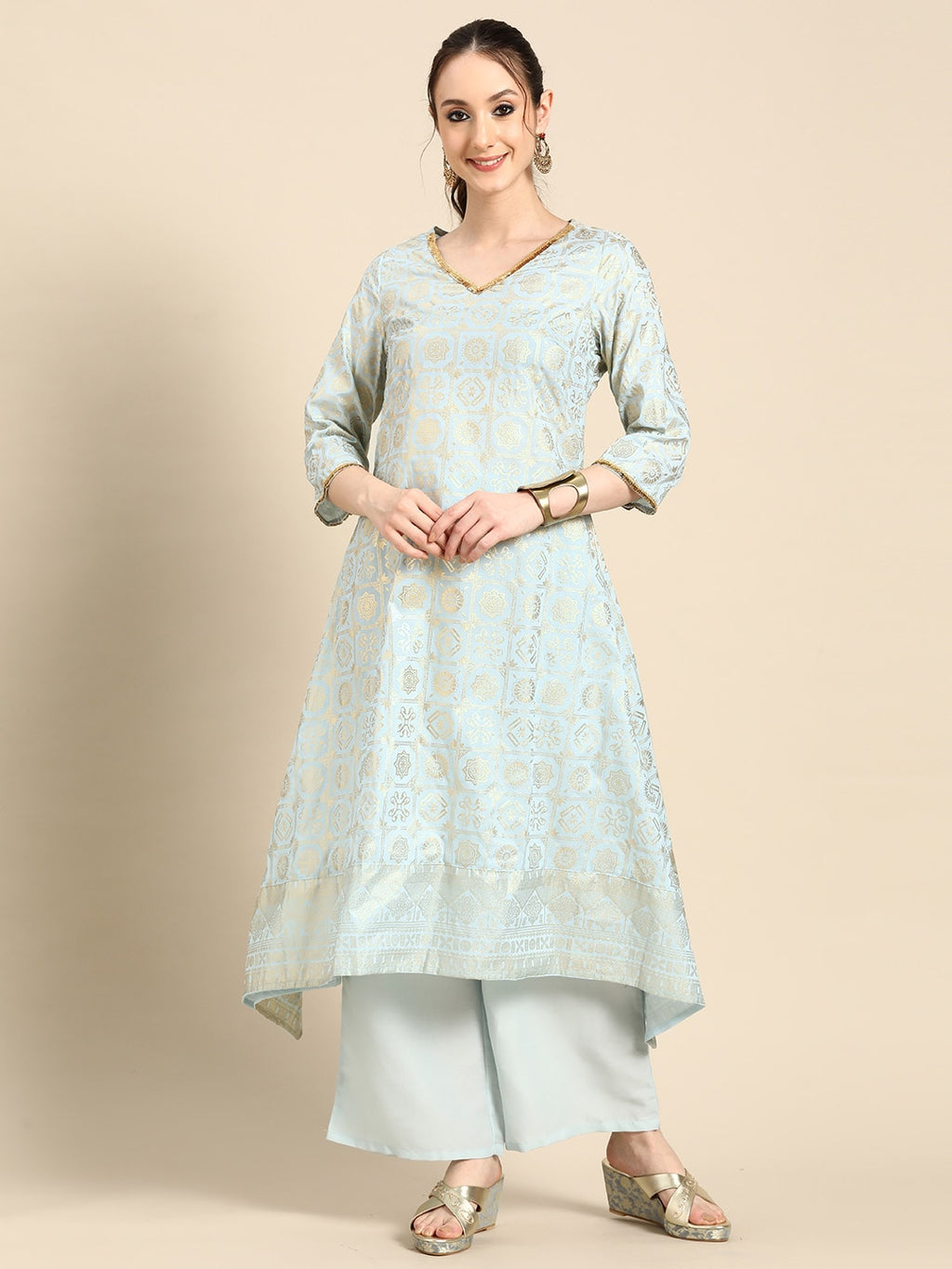 Sangria Gold-Toned Foil Printed Sequinned Detail A-Line Kurta with Palazzos | Grocsy