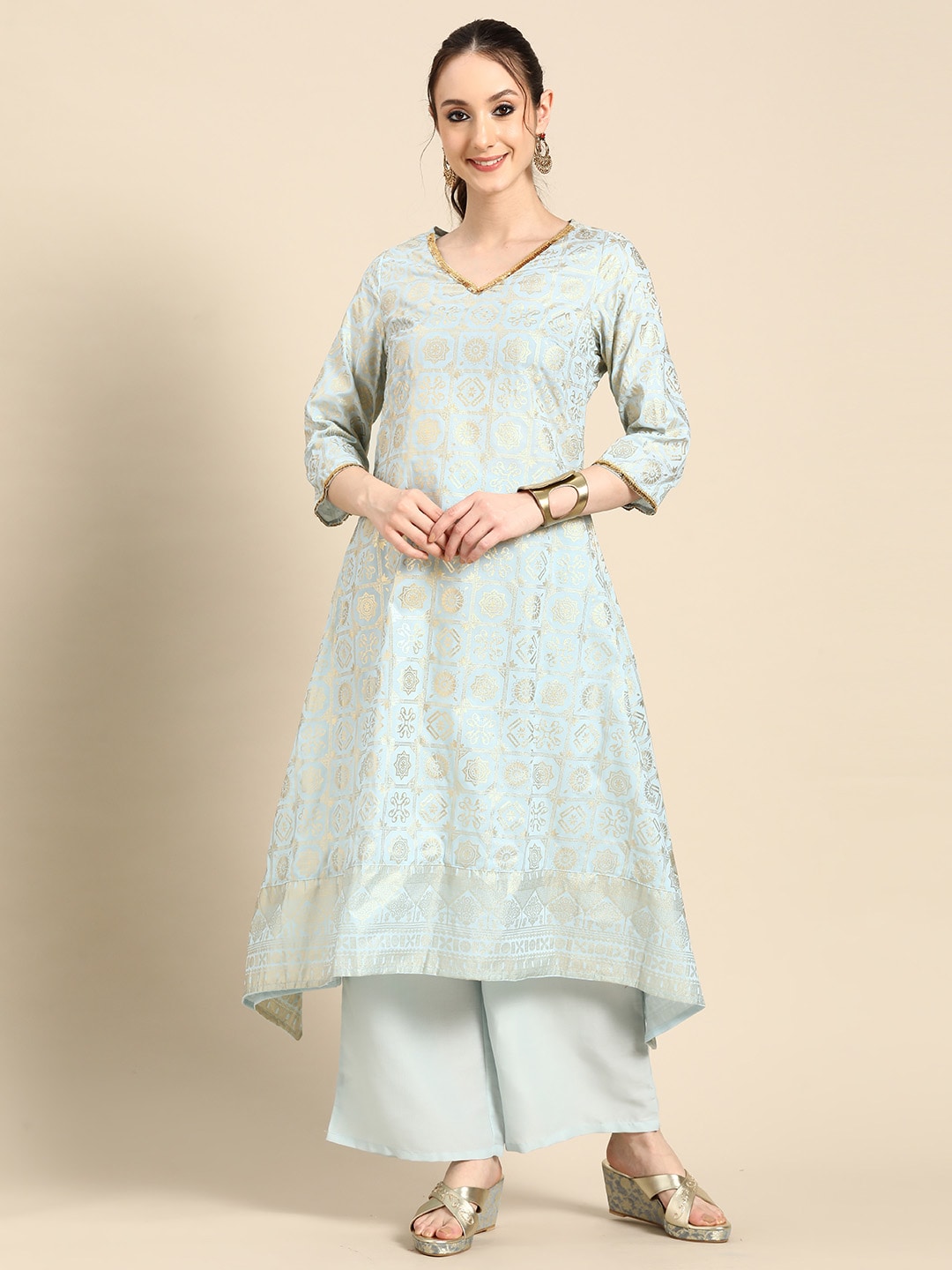 Sangria Gold-Toned Foil Printed Sequinned Detail A-Line Kurta with Palazzos | Grocsy
