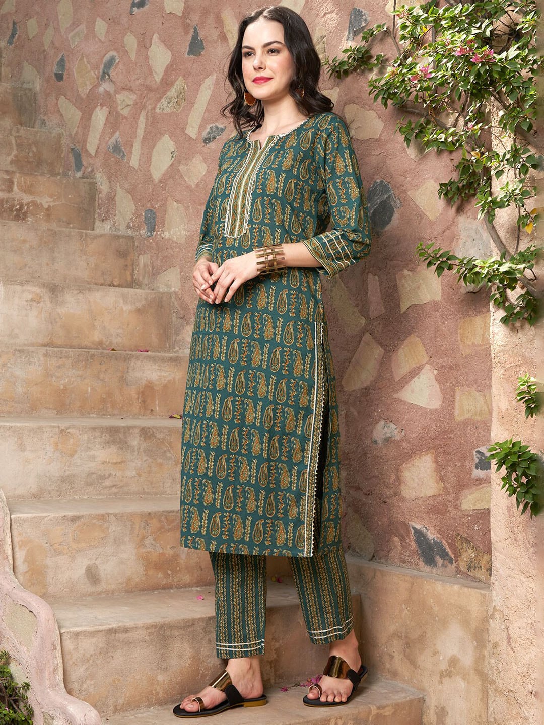 Sangria Ethnic Motifs Printed Pure Cotton Kurta with Trousers & Dupatta | Grocsy