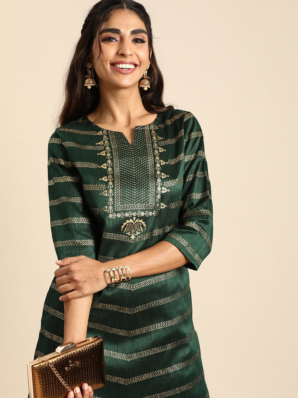 Sangria Women Green & Gold- Toned Ethnic Motifs Printed Kurta with Salwar | Grocsy