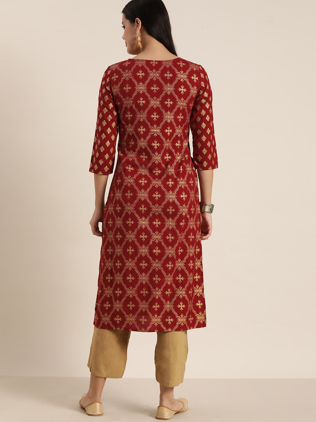 Sangria Women Maroon & Gold-Toned Ethnic Motifs Printed Kurta | Grocsy