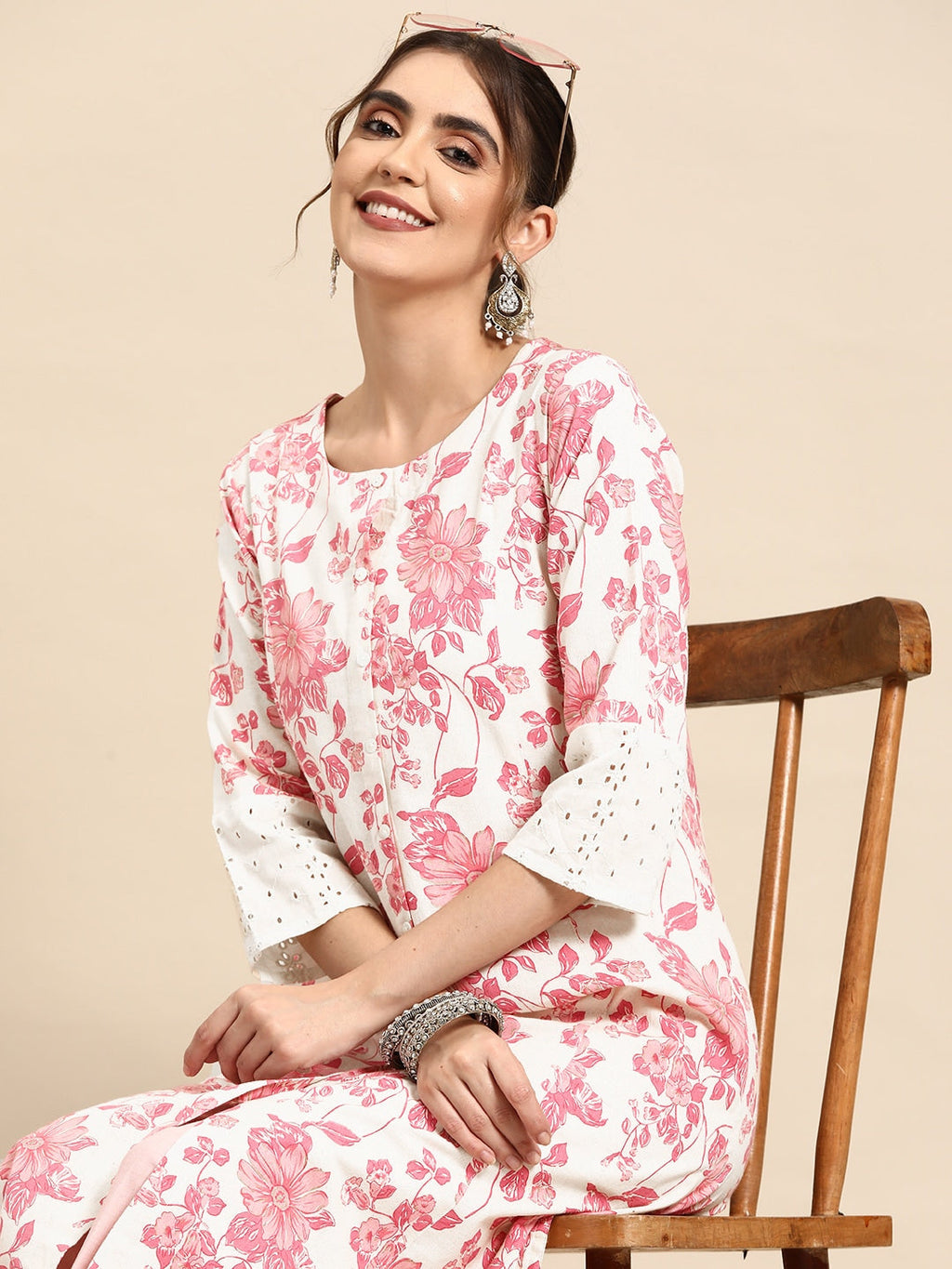 Sangria Floral Printed Cotton Slub Kurta | Grocsy