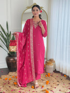 The52 Women's Viscose Silk Embroidery work Straight Kurta with Pant and Dupatta Set | Grocsy