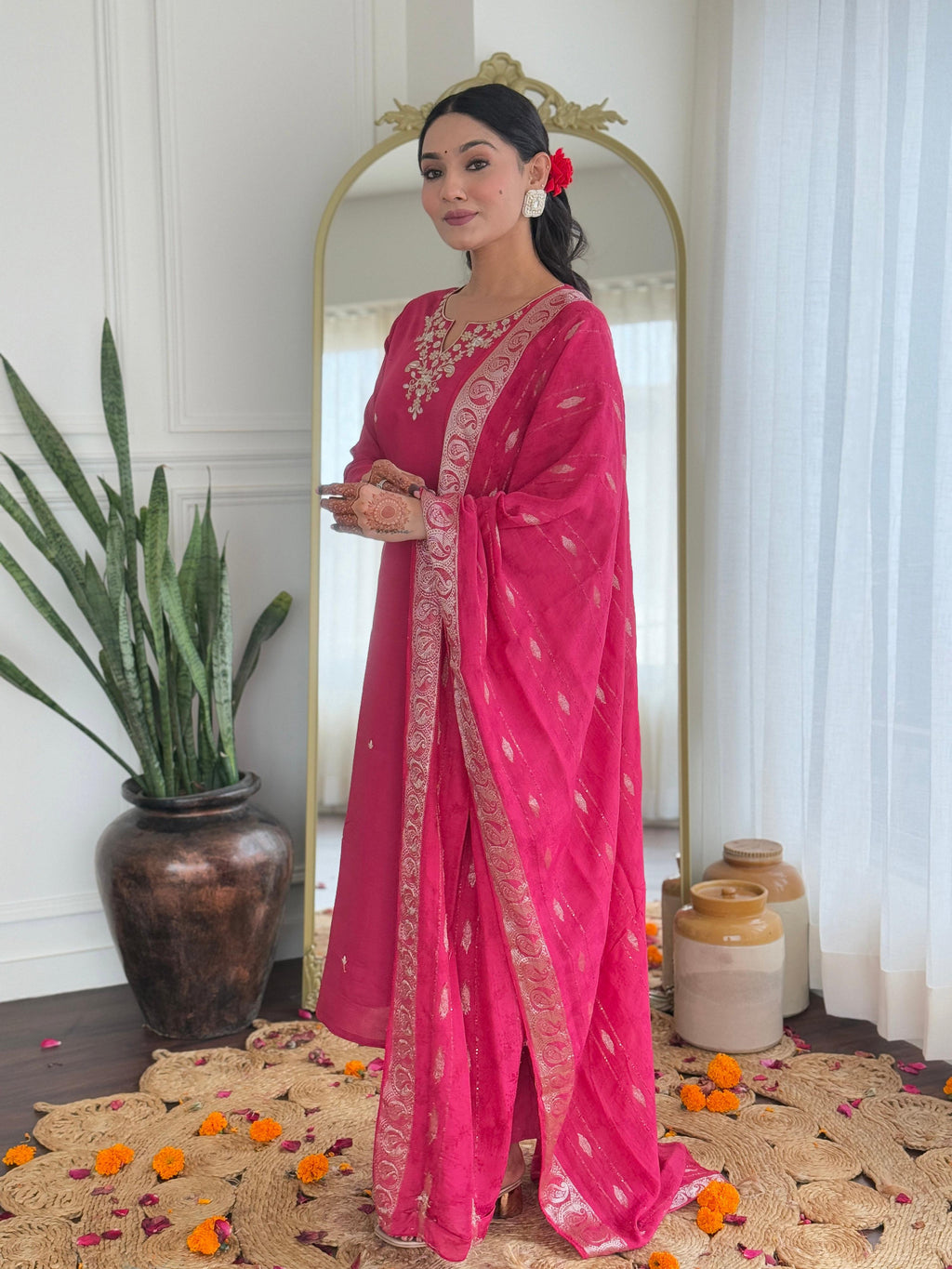 The52 Women's Viscose Silk Embroidery work Straight Kurta with Pant and Dupatta Set | Grocsy