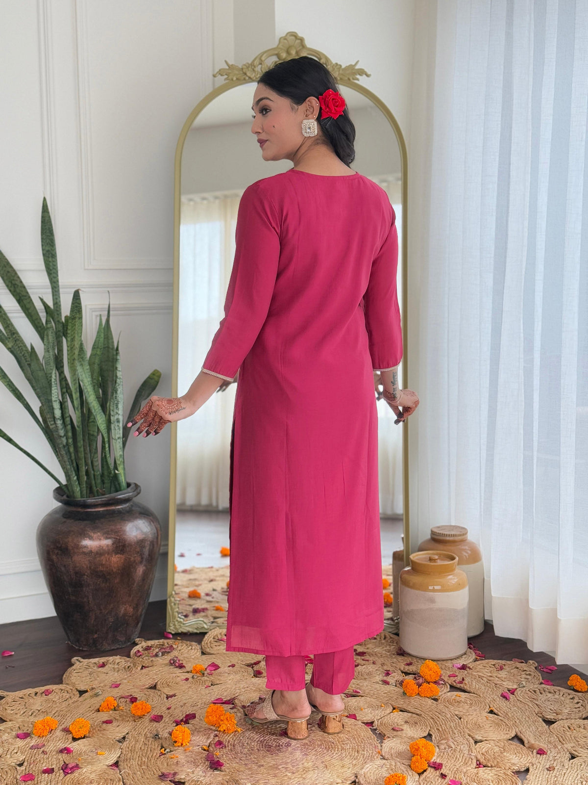 The52 Women's Viscose Silk Embroidery work Straight Kurta with Pant and Dupatta Set | Grocsy