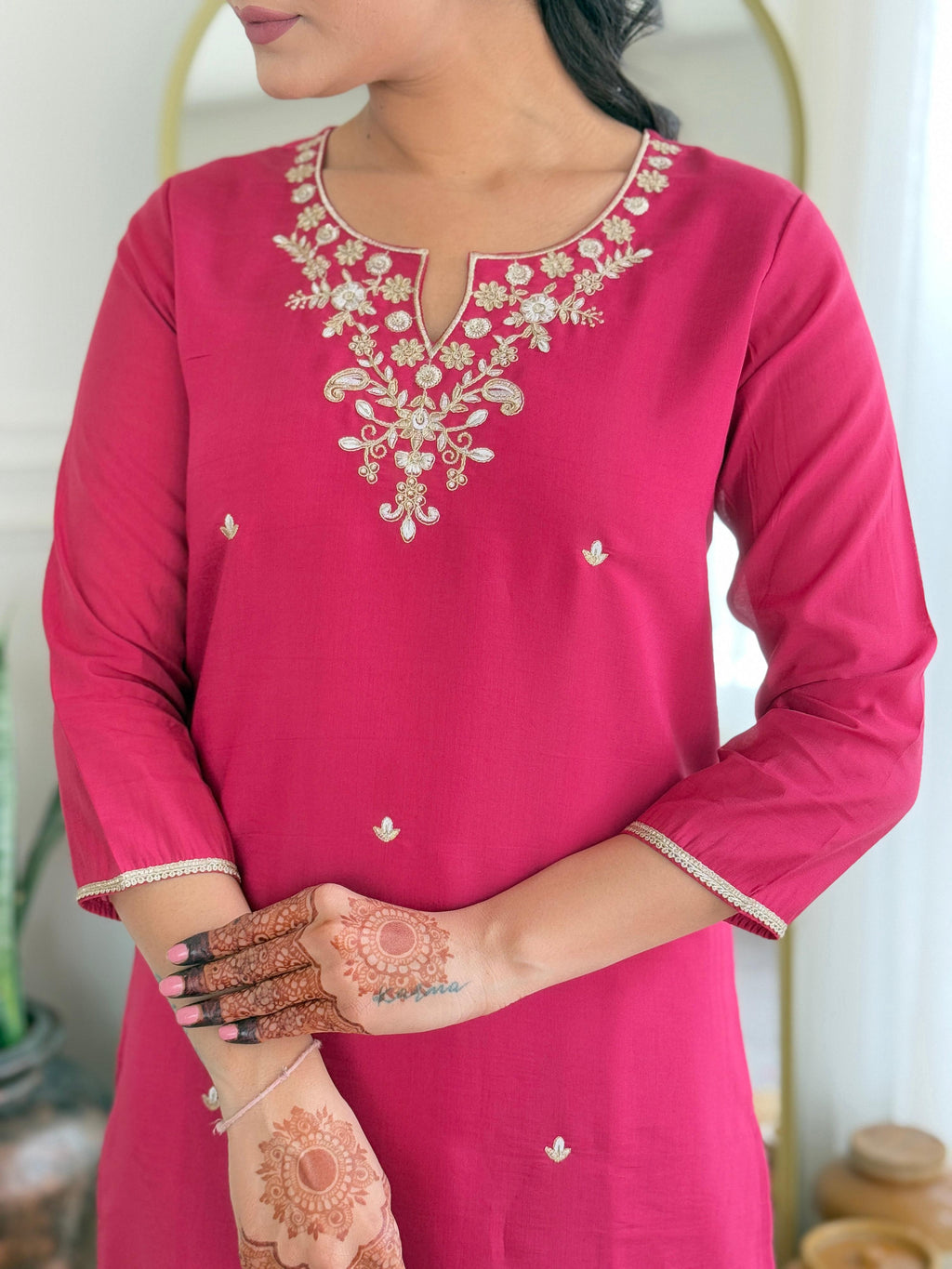 The52 Women's Viscose Silk Embroidery work Straight Kurta with Pant and Dupatta Set | Grocsy