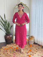 The52 Women's Viscose Silk Embroidery work Straight Kurta with Pant and Dupatta Set | Grocsy