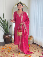 The52 Women's Viscose Silk Embroidery work Straight Kurta with Pant and Dupatta Set | Grocsy