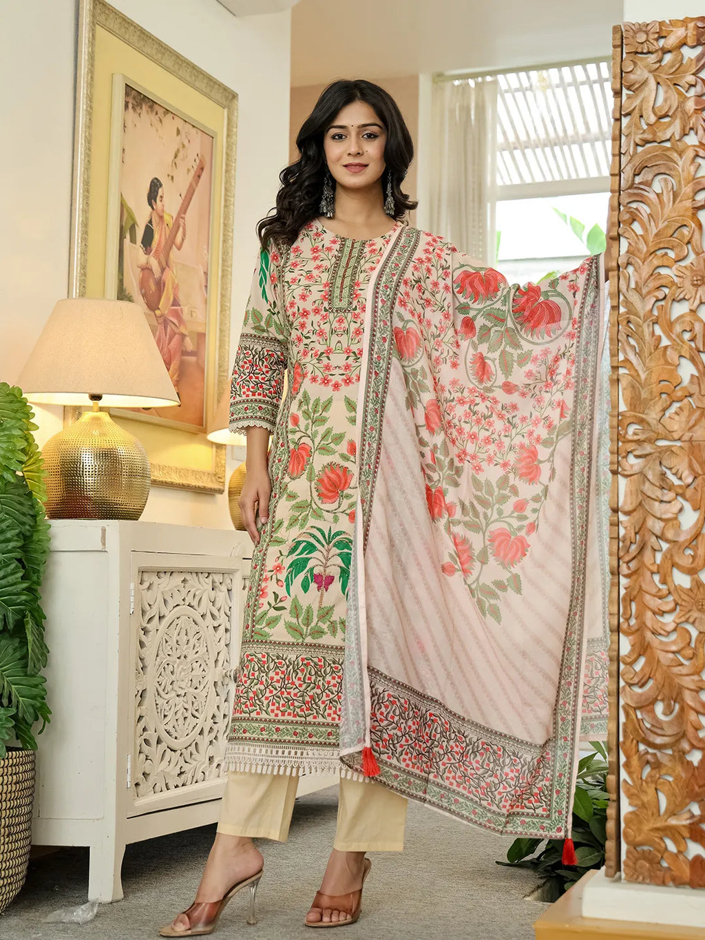 Yufta Pink Cotton Straight Floral Print Beads And Stones Lace Work Kurta Dupatta Set | Grocsy