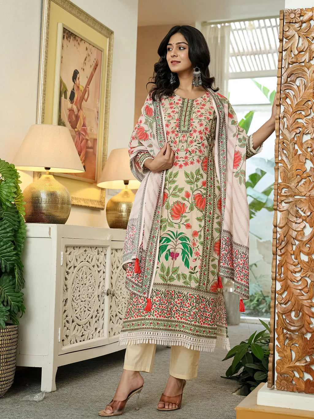 Yufta Pink Cotton Straight Floral Print Beads And Stones Lace Work Kurta Dupatta Set | Grocsy