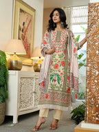 Yufta Pink Cotton Straight Floral Print Beads And Stones Lace Work Kurta Dupatta Set | Grocsy