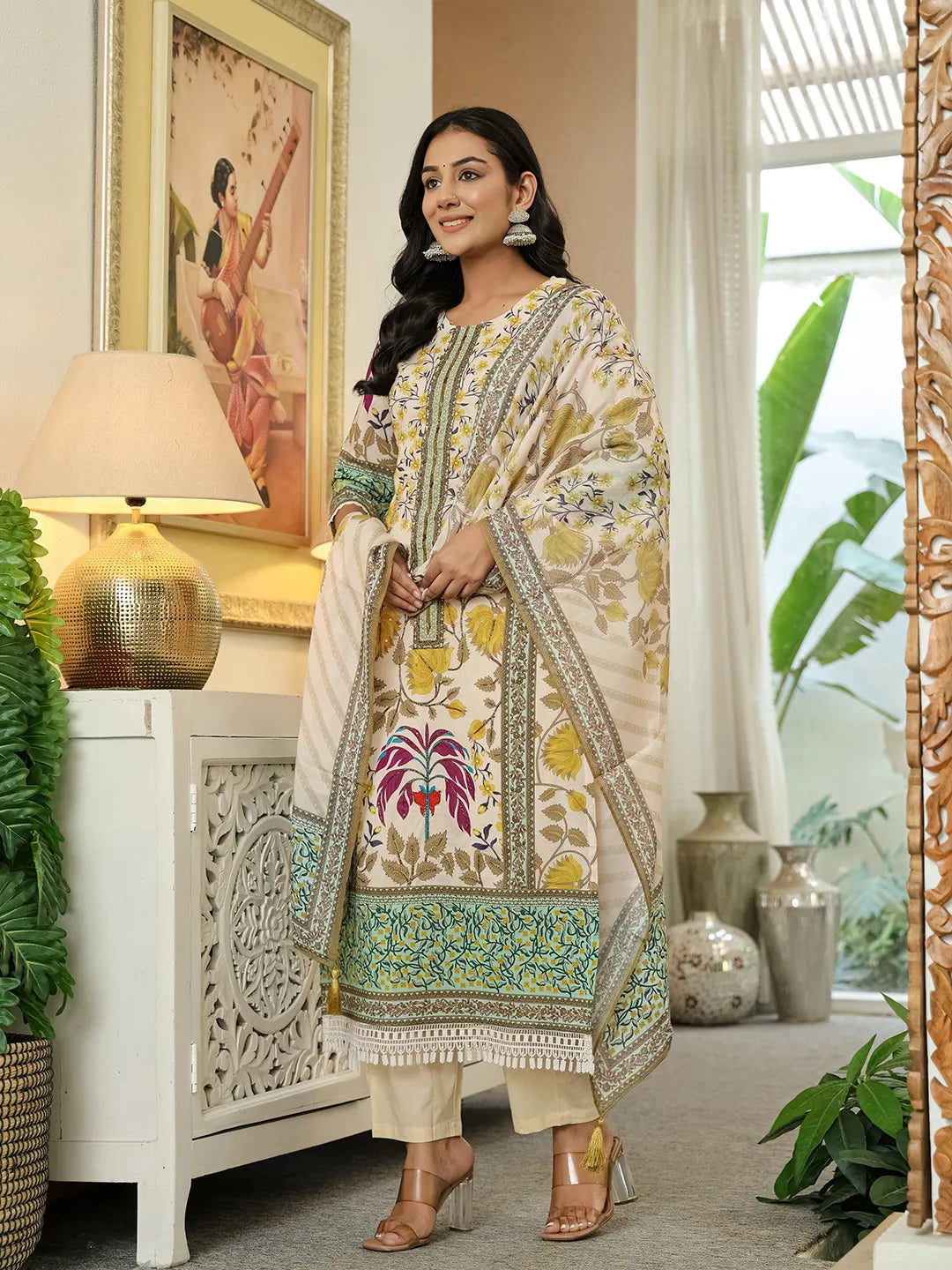 Yufta Yellow Cotton Straight Floral Print Beads And Stones Lace Work Kurta Dupatta Set | Grocsy