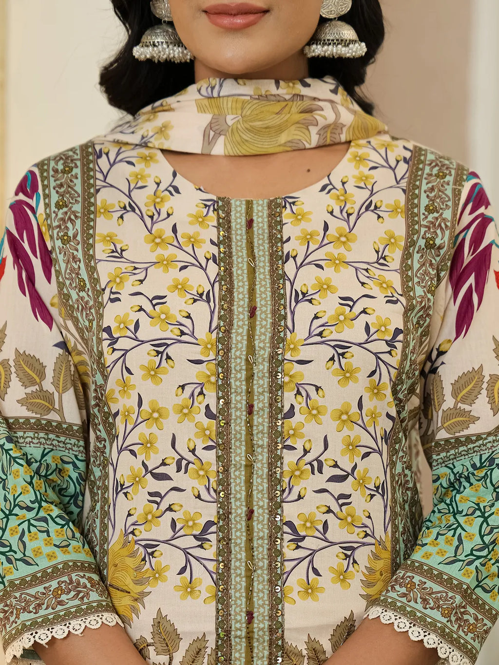 Yufta Yellow Cotton Straight Floral Print Beads And Stones Lace Work Kurta Dupatta Set | Grocsy