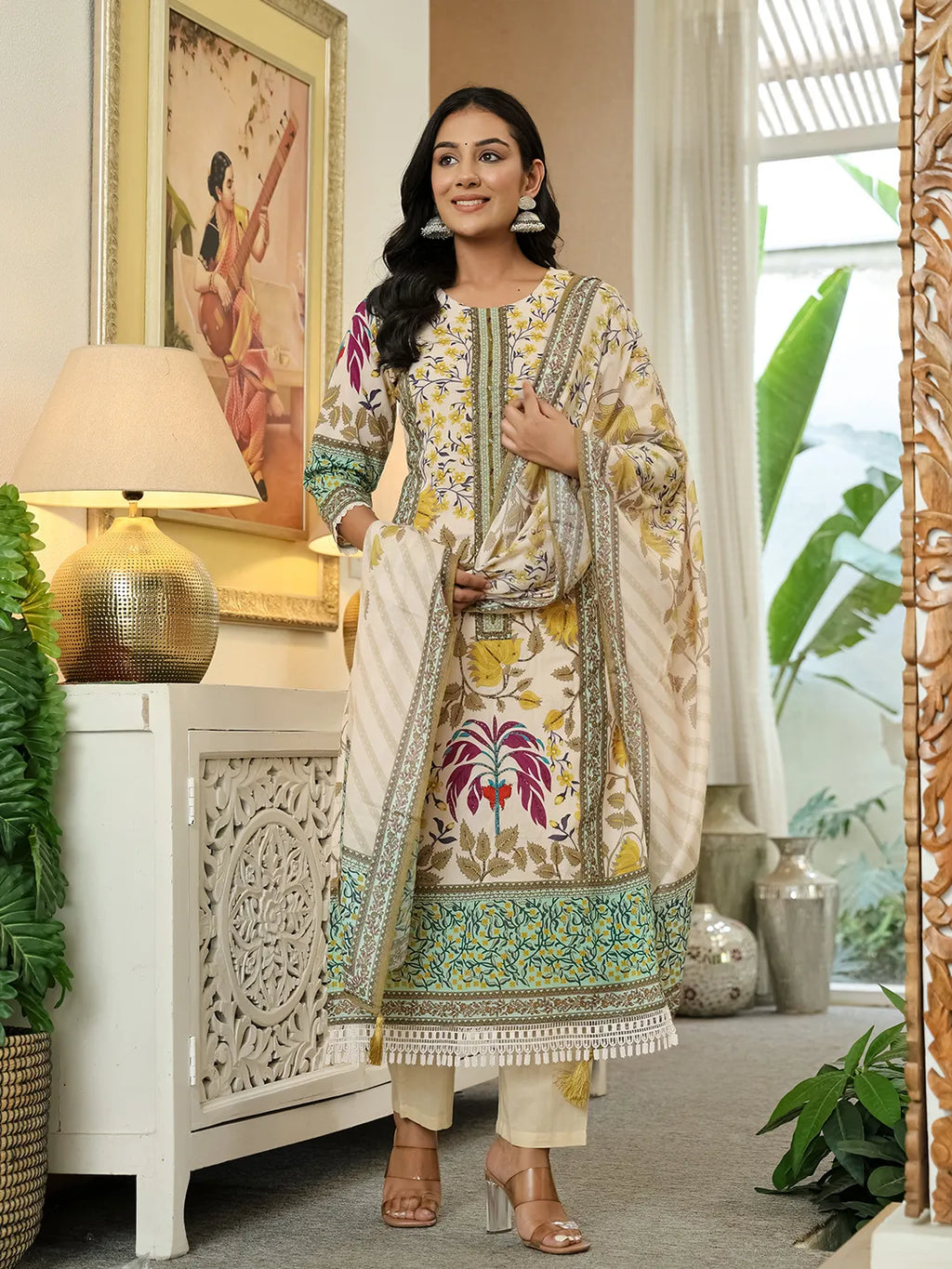 Yufta Yellow Cotton Straight Floral Print Beads And Stones Lace Work Kurta Dupatta Set | Grocsy