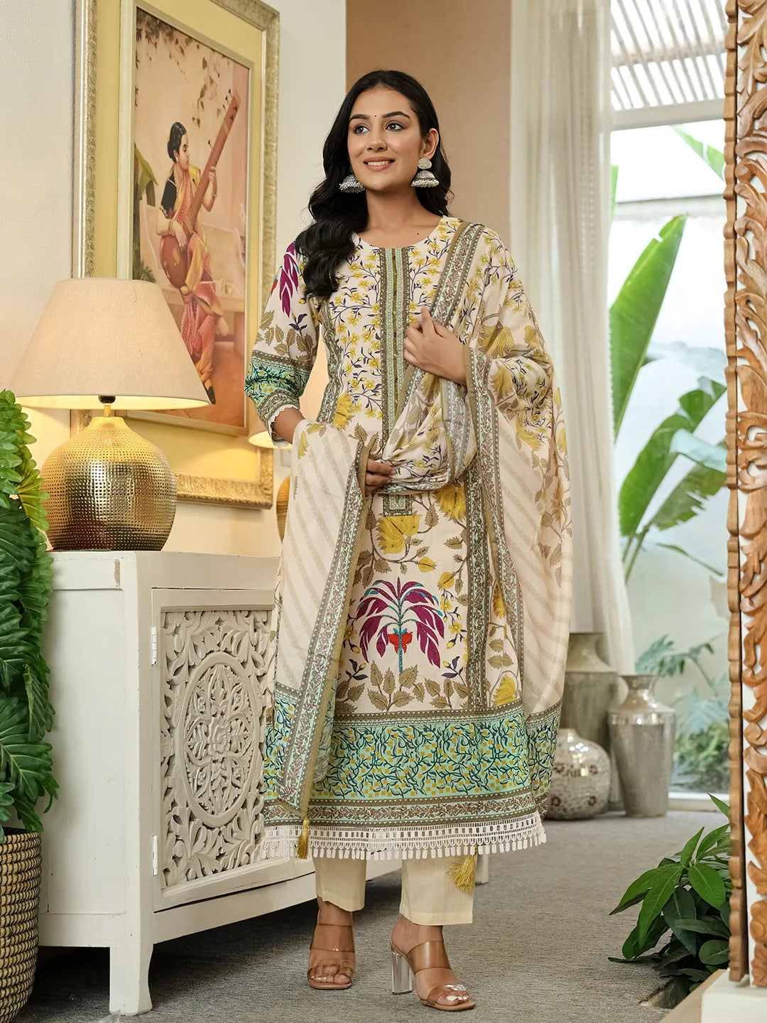 Yufta Yellow Cotton Straight Floral Print Beads And Stones Lace Work Kurta Dupatta Set | Grocsy