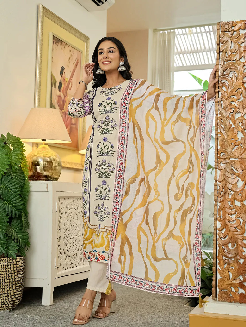 Yufta Yellow Cotton Straight Floral Print Beads And Stones Kurta Dupatta Set | Grocsy