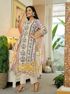 Yufta Yellow Cotton Straight Floral Print Beads And Stones Kurta Dupatta Set | Grocsy