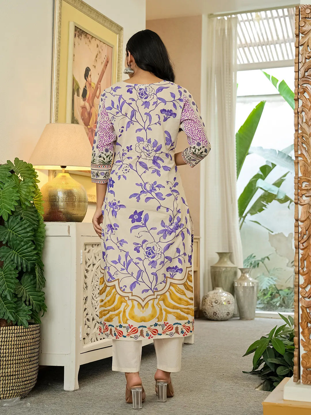 Yufta Yellow Cotton Straight Floral Print Beads And Stones Kurta Dupatta Set | Grocsy
